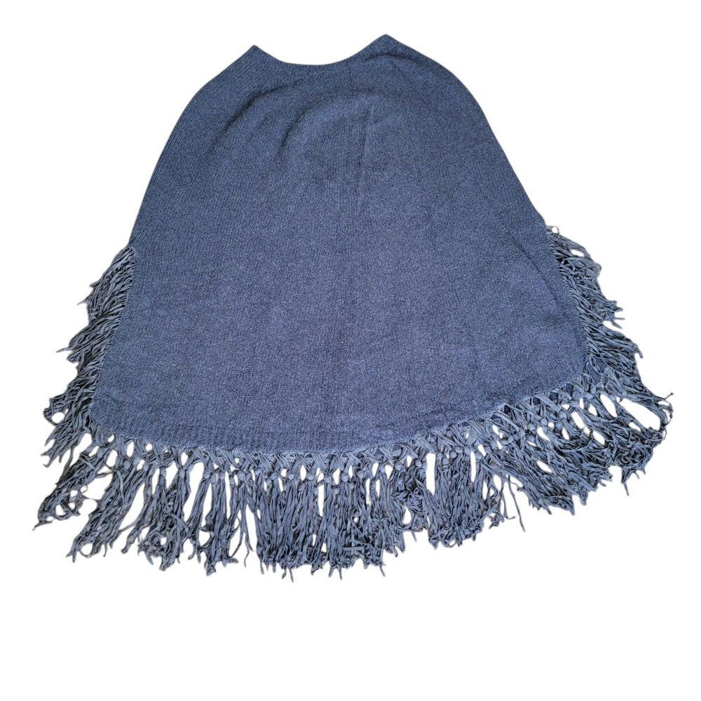 100% Cashmere Poncho In Blue With Tassels Made In Italy
